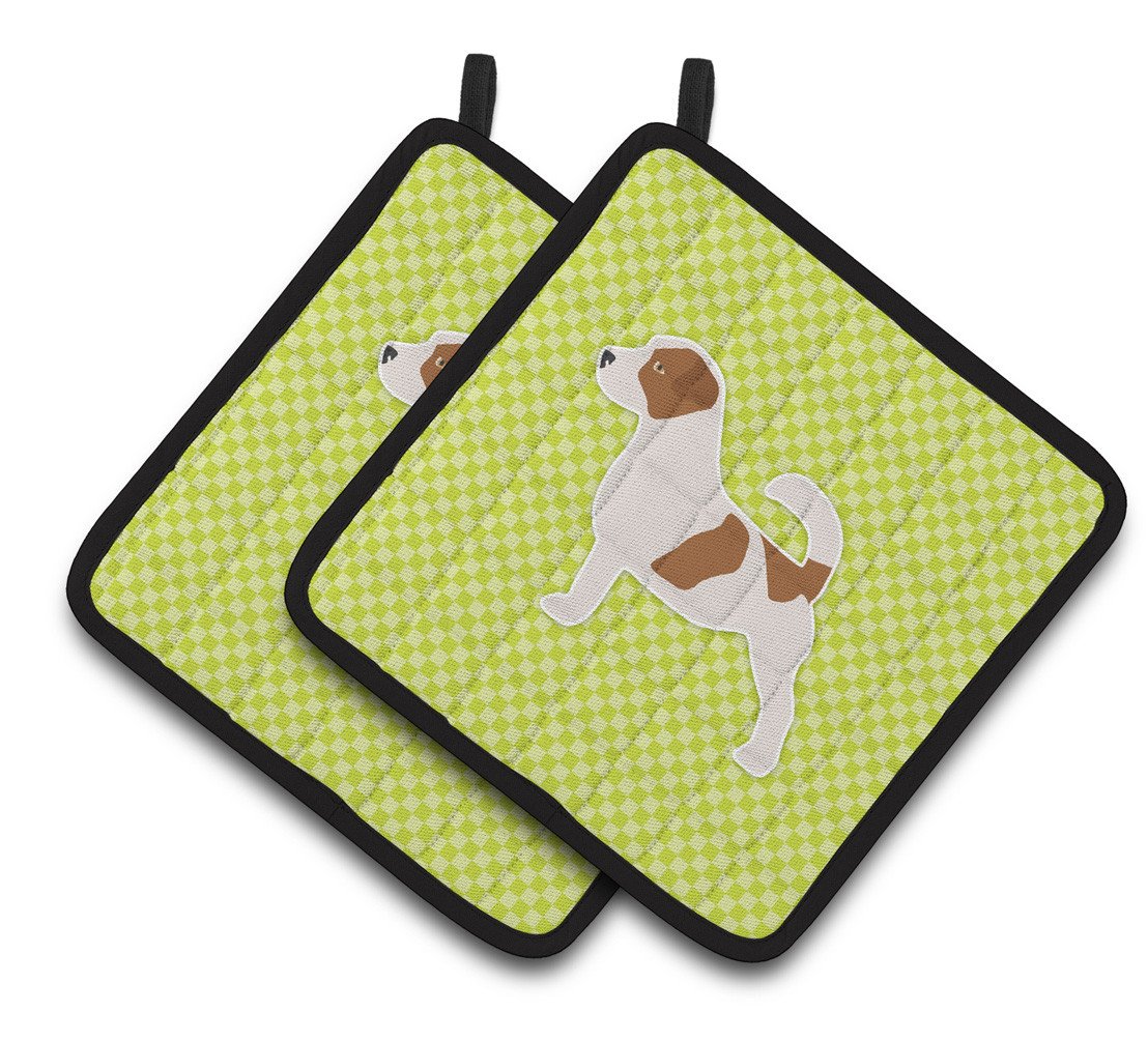 Jack Russell Terrier Checkerboard Green Pair of Pot Holders BB3807PTHD by Caroline&#39;s Treasures