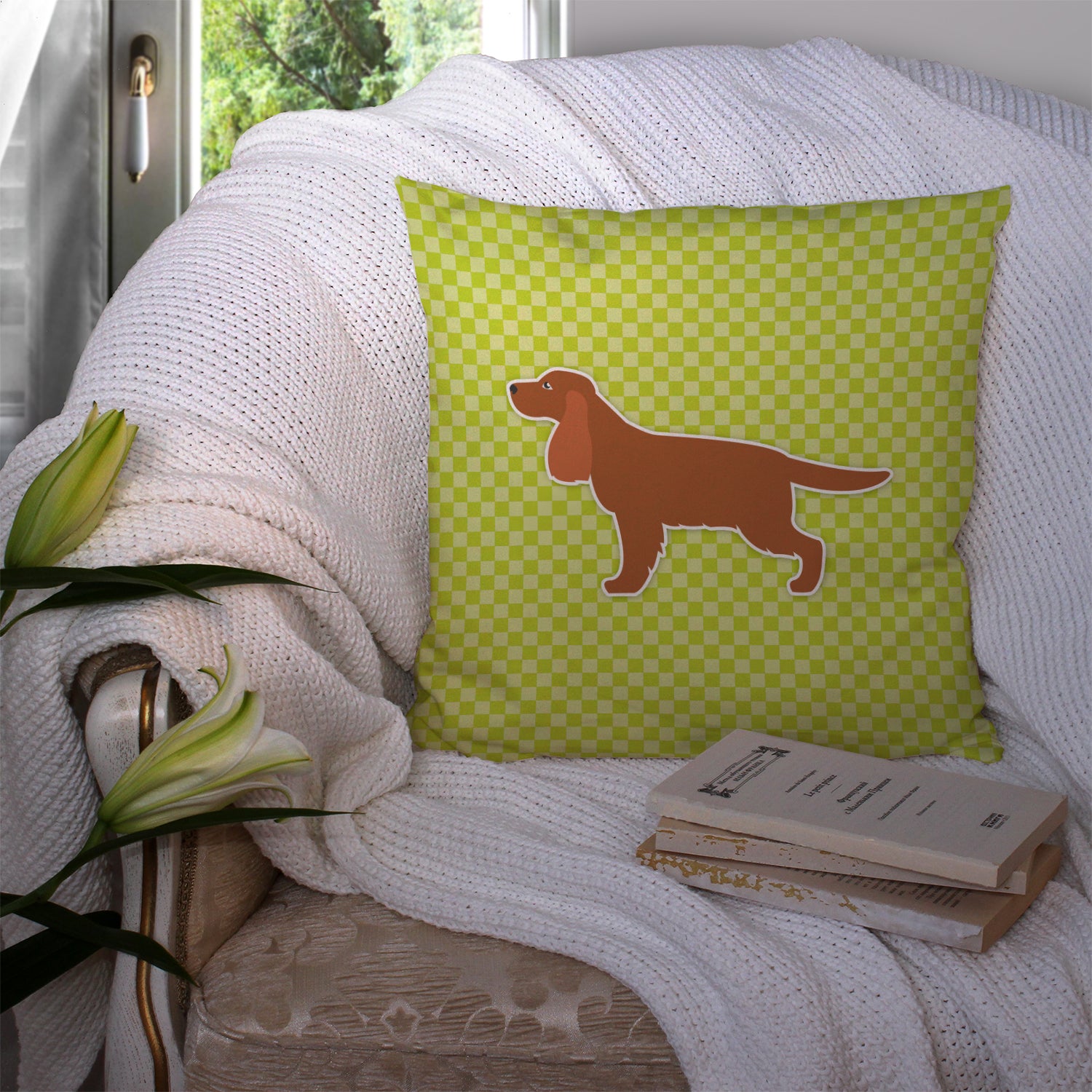 English Cocker Spaniel Checkerboard Green Fabric Decorative Pillow BB3812PW1414 - the-store.com