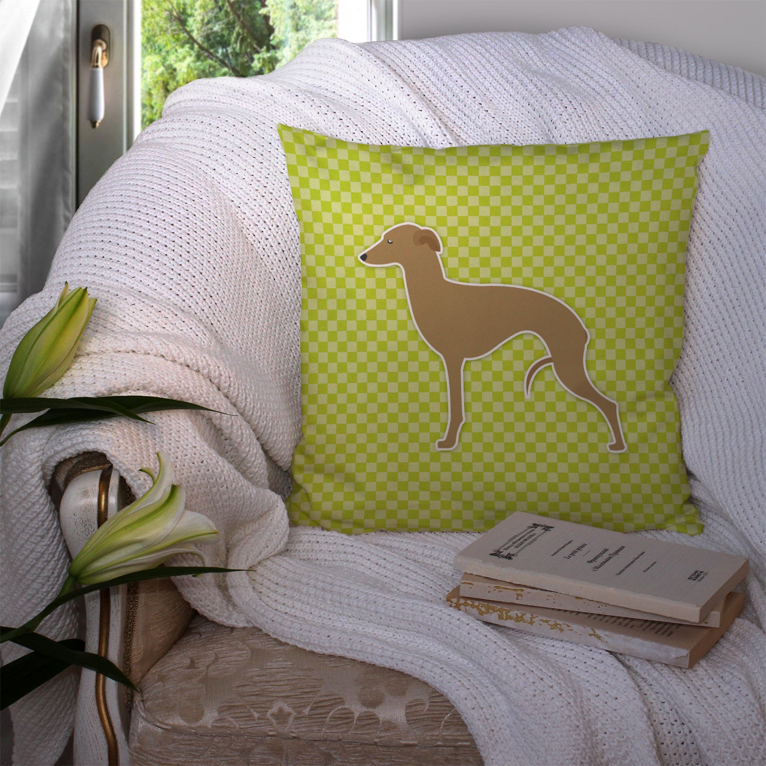 Italian Greyhound Checkerboard Green Fabric Decorative Pillow BB3814PW1414 - the-store.com