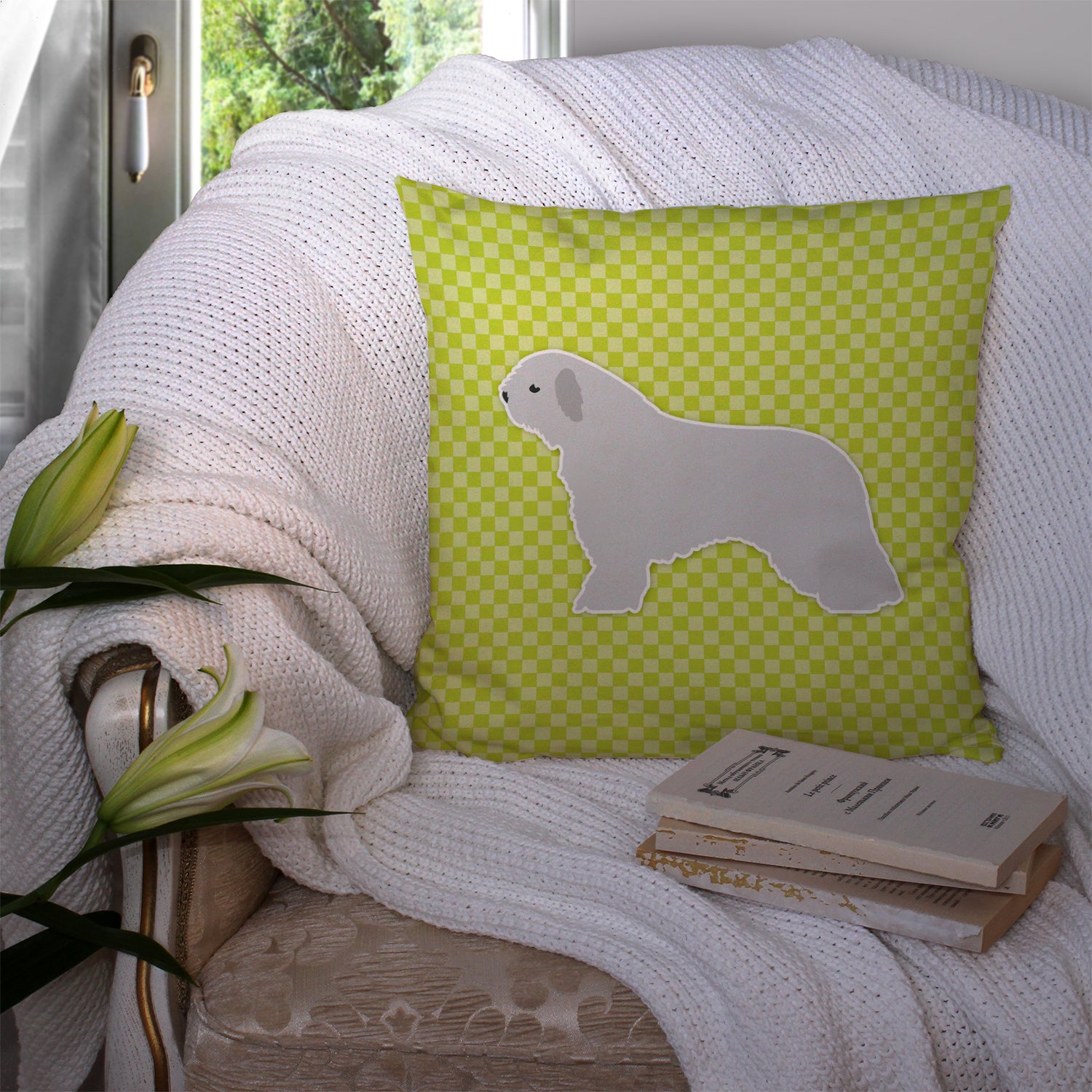 Spanish Water Dog Checkerboard Green Fabric Decorative Pillow BB3815PW1414 - the-store.com