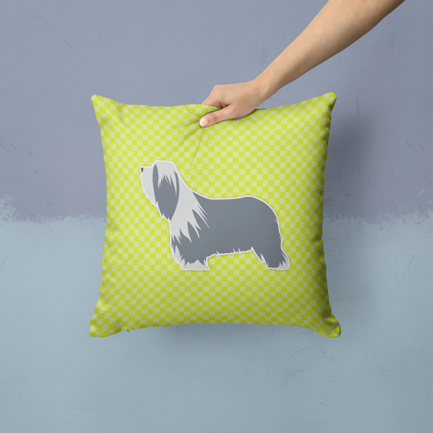 Bearded Collie Checkerboard Green Fabric Decorative Pillow BB3817PW1414 - the-store.com