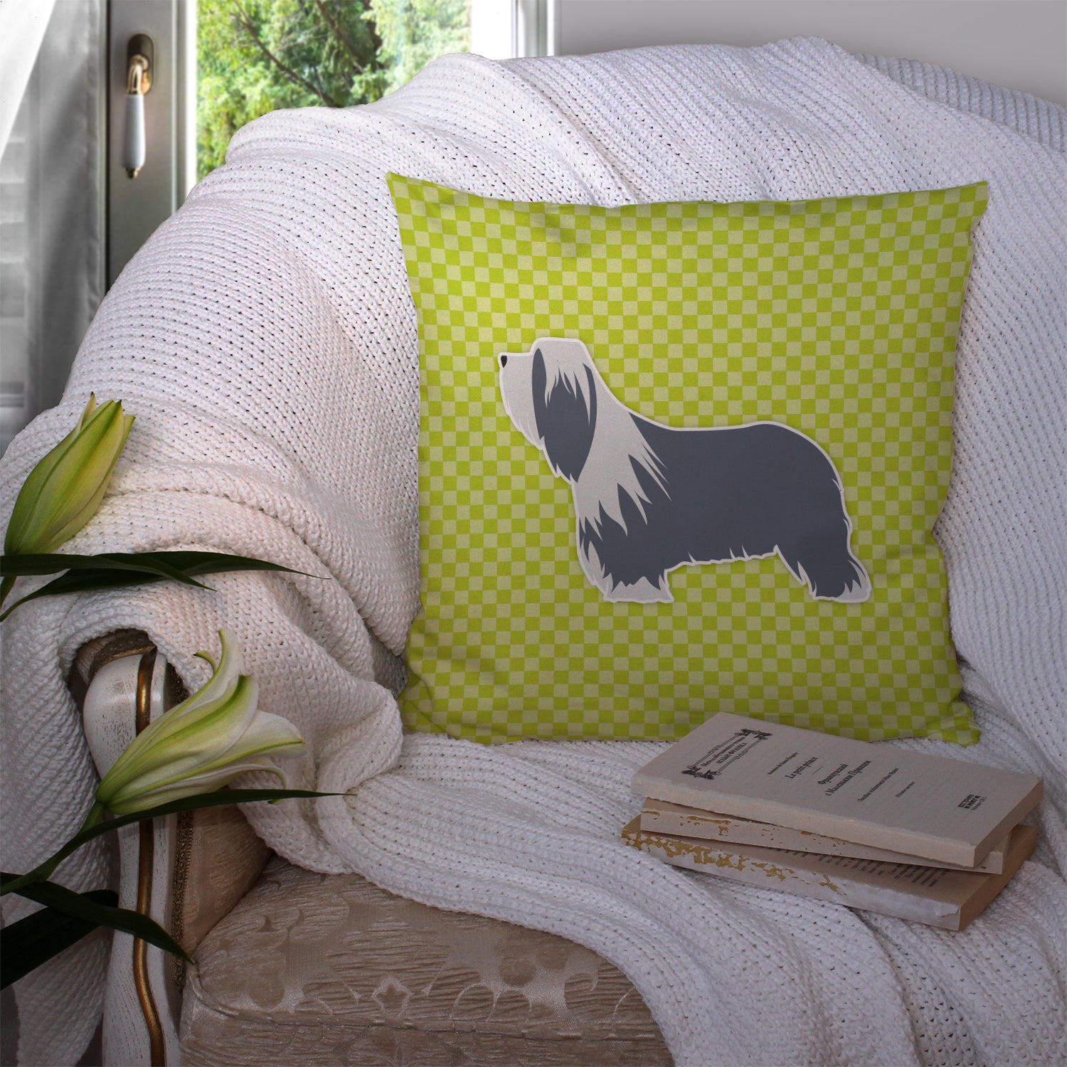 Bearded Collie Checkerboard Green Fabric Decorative Pillow BB3817PW1414 - the-store.com