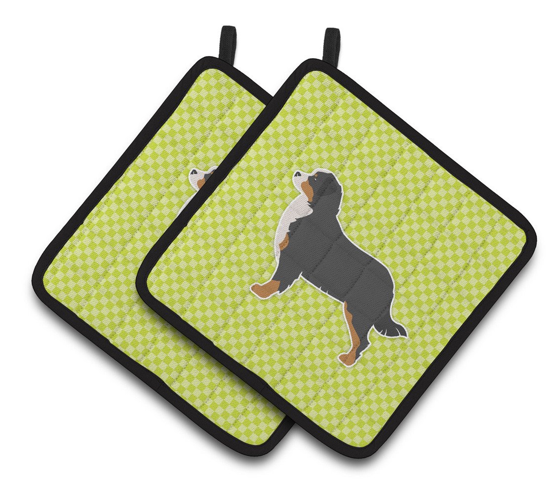 Bernese Mountain Dog Checkerboard Green Pair of Pot Holders BB3819PTHD by Caroline&#39;s Treasures
