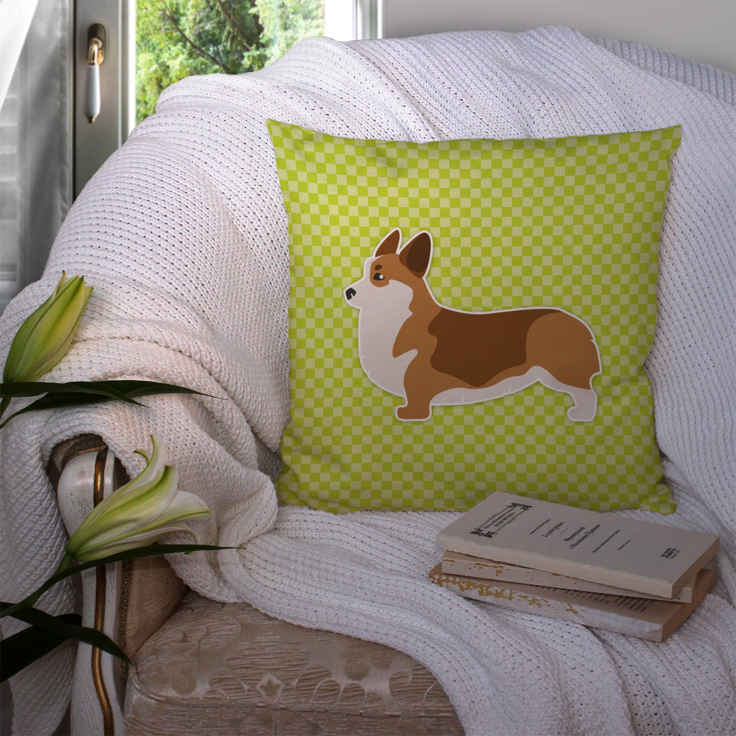 Corgi Checkerboard Green Fabric Decorative Pillow BB3820PW1414 - the-store.com