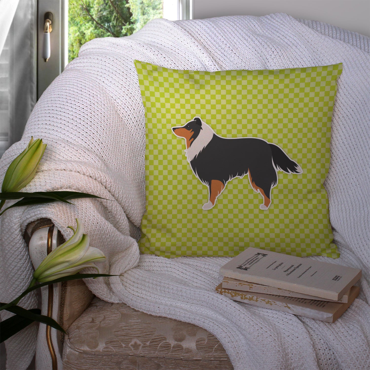 Sheltie/Shetland Sheepdog Checkerboard Green Fabric Decorative Pillow BB3830PW1414 - the-store.com