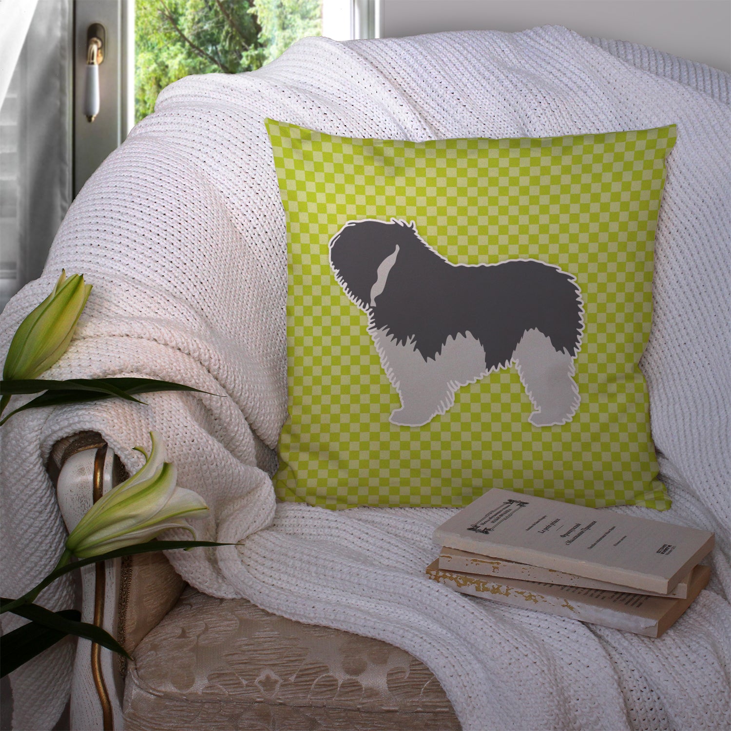 Polish Lowland Sheepdog Dog Checkerboard Green Fabric Decorative Pillow BB3832PW1414 - the-store.com
