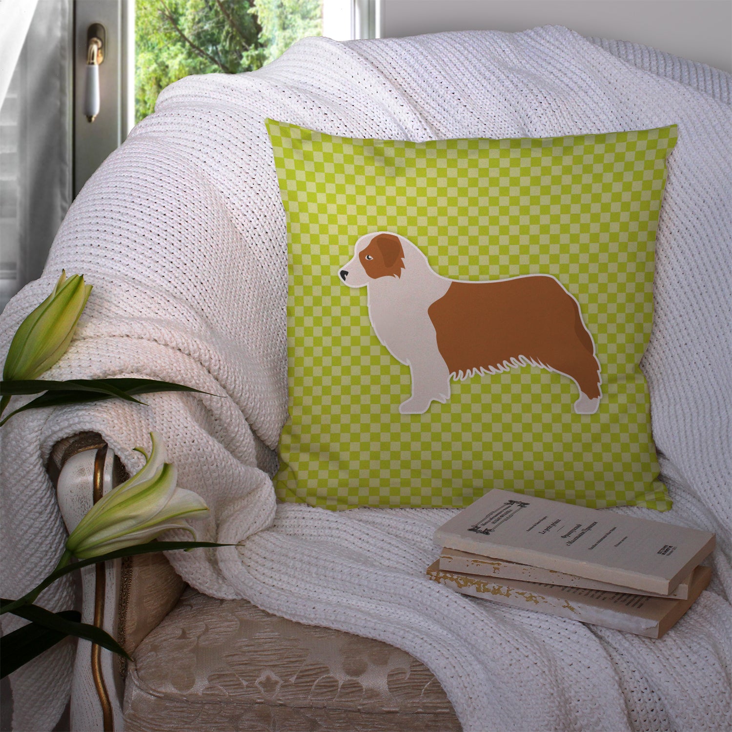 Australian Shepherd Dog Checkerboard Green Fabric Decorative Pillow BB3833PW1414 - the-store.com
