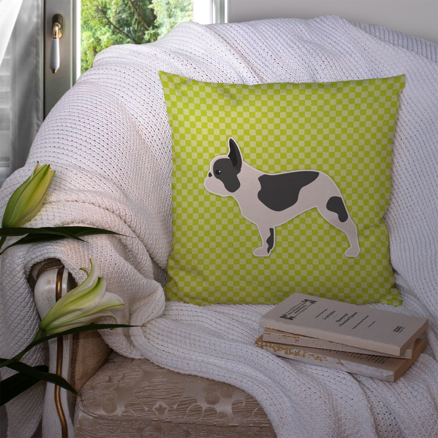 French Bulldog Checkerboard Green Fabric Decorative Pillow BB3841PW1414 - the-store.com