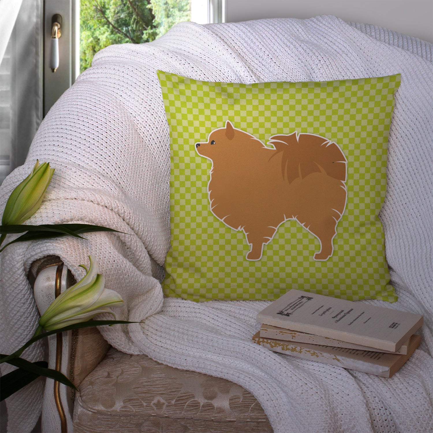 Pomeranian Checkerboard Green Fabric Decorative Pillow BB3842PW1414 - the-store.com