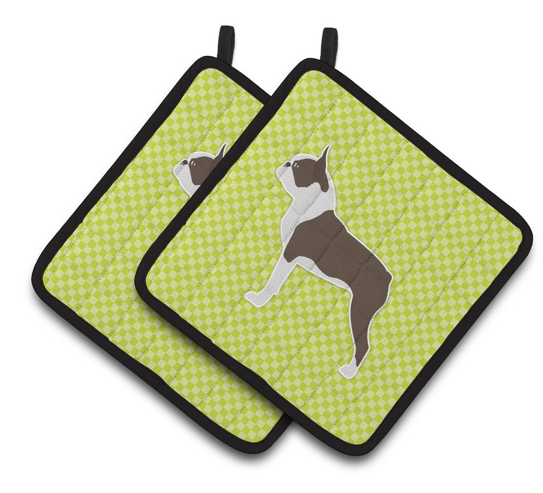 Boston Terrier Checkerboard Green Pair of Pot Holders BB3844PTHD by Caroline&#39;s Treasures