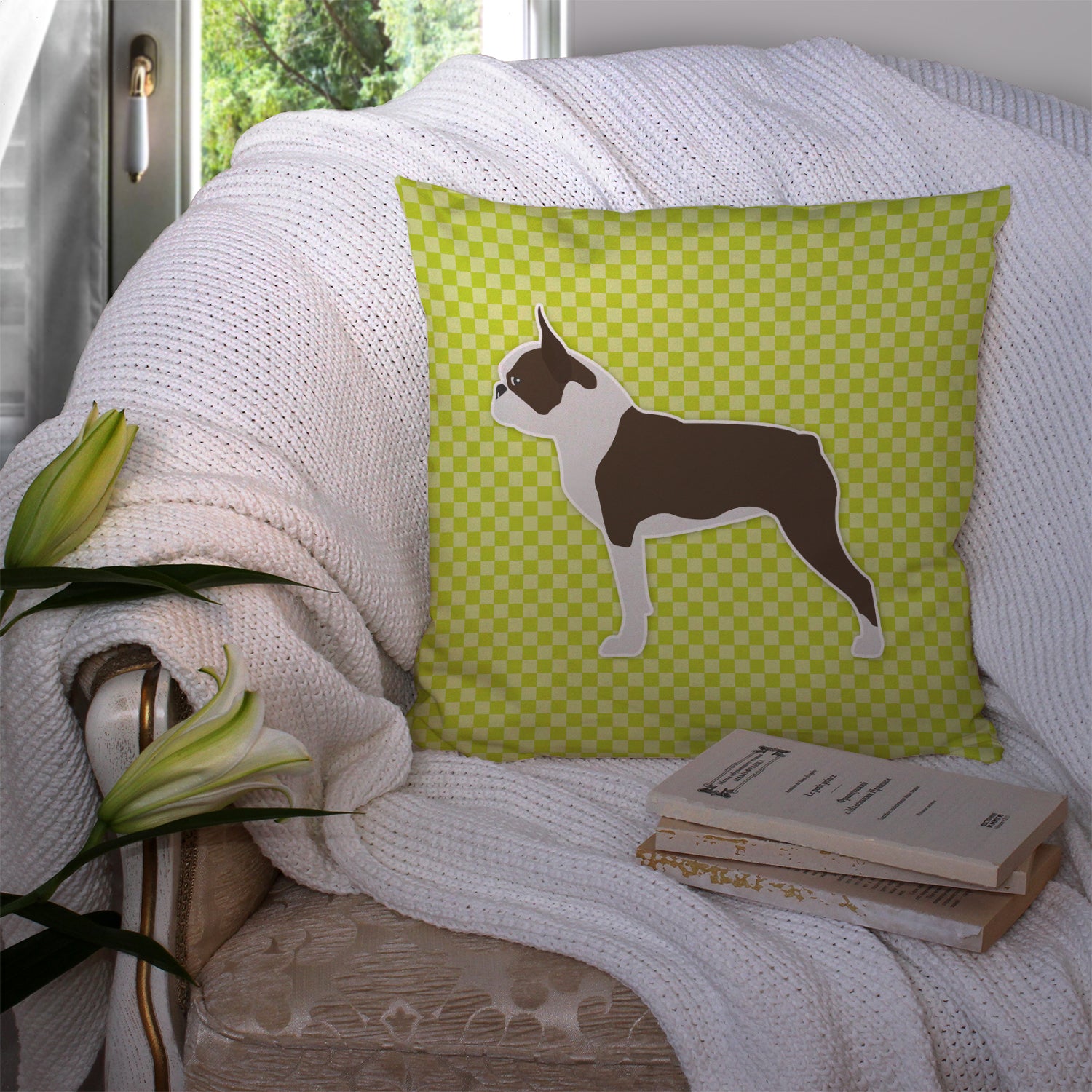 Boston Terrier Checkerboard Green Fabric Decorative Pillow BB3844PW1414 - the-store.com