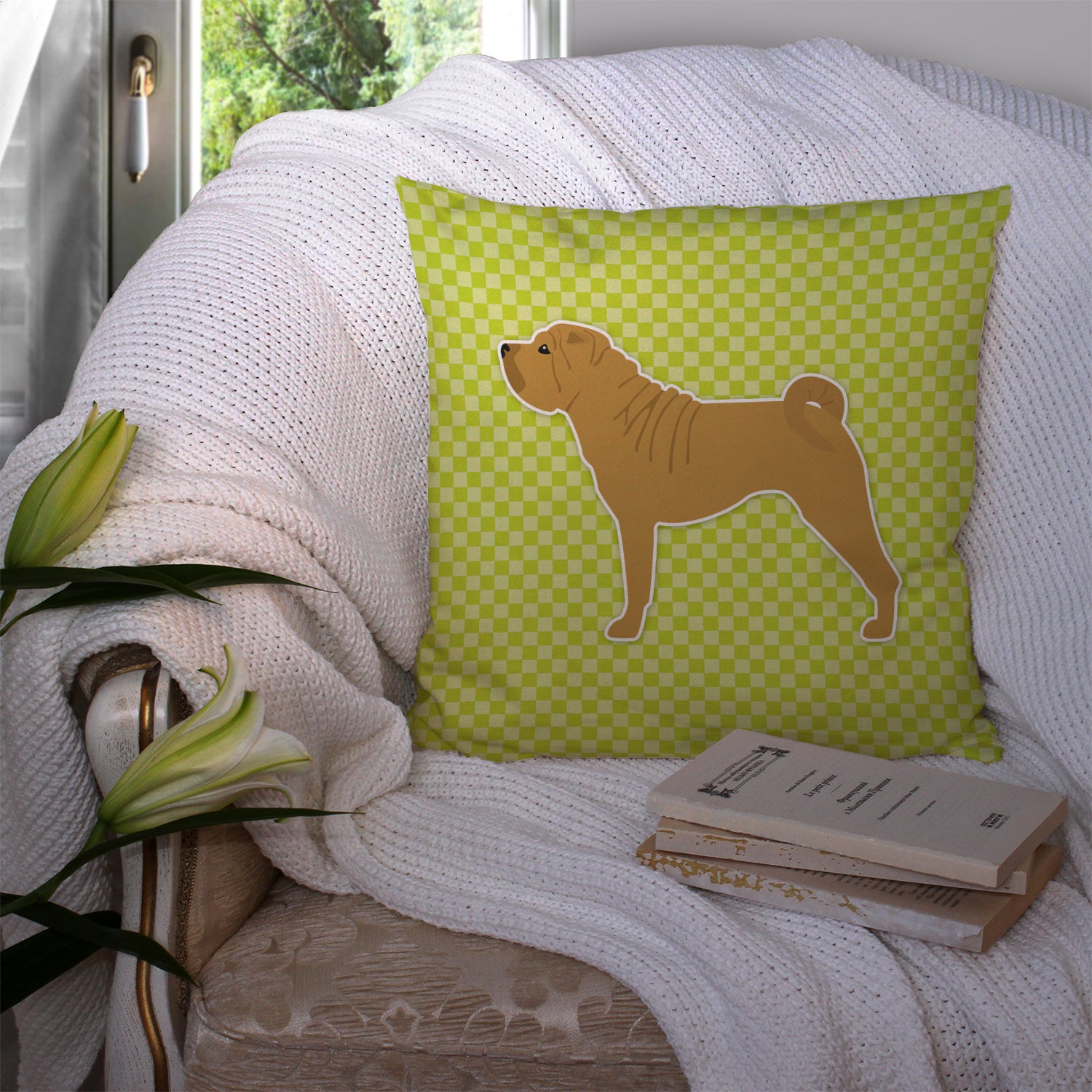 Shar Pei Checkerboard Green Fabric Decorative Pillow BB3852PW1414 - the-store.com