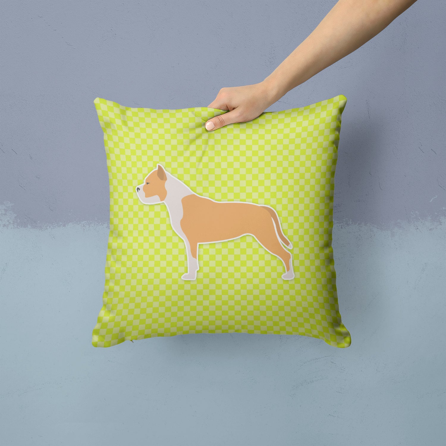 Staffordshire Bull Terrier Checkerboard Green Fabric Decorative Pillow BB3854PW1414 - the-store.com