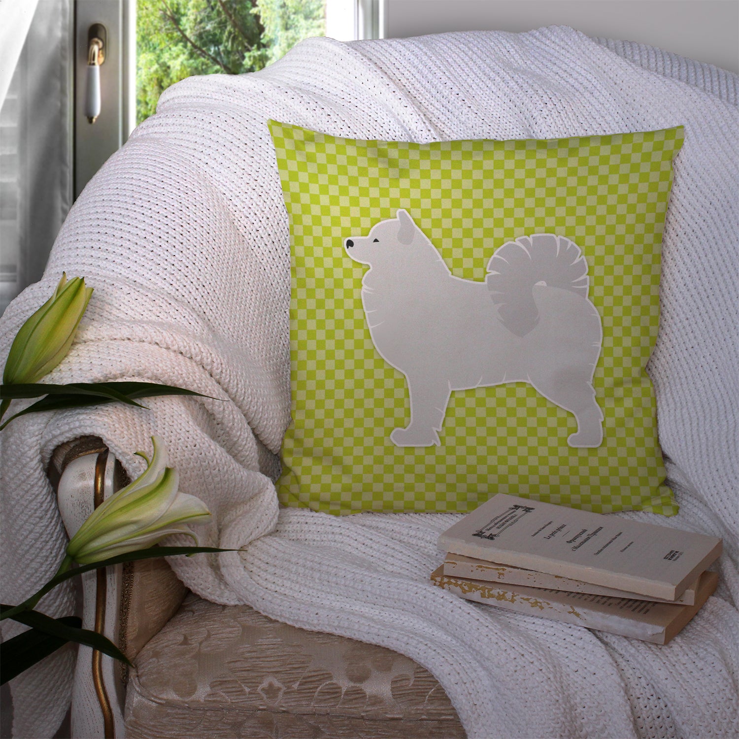 Samoyed Checkerboard Green Fabric Decorative Pillow BB3859PW1414 - the-store.com