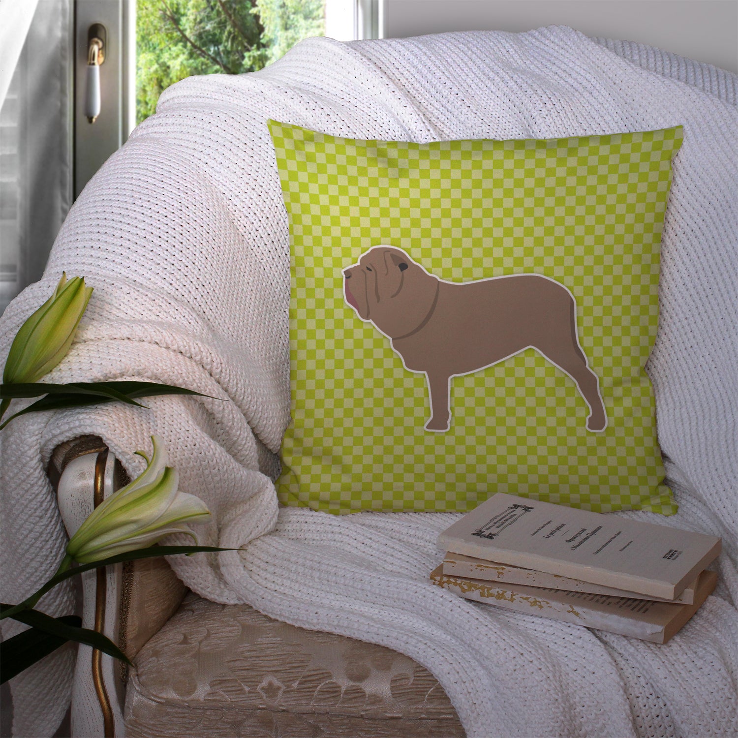 Neapolitan Mastiff Checkerboard Green Fabric Decorative Pillow BB3865PW1414 - the-store.com