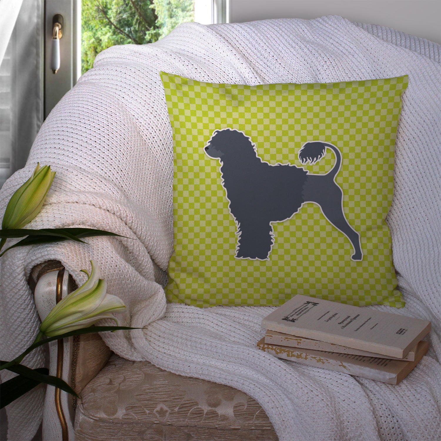 Portuguese Water Dog Checkerboard Green Fabric Decorative Pillow BB3868PW1414 - the-store.com
