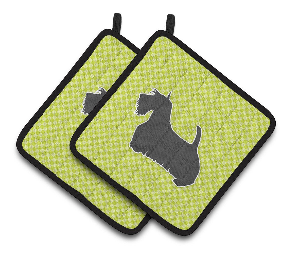 Scottish Terrier Checkerboard Green Pair of Pot Holders BB3869PTHD by Caroline&#39;s Treasures