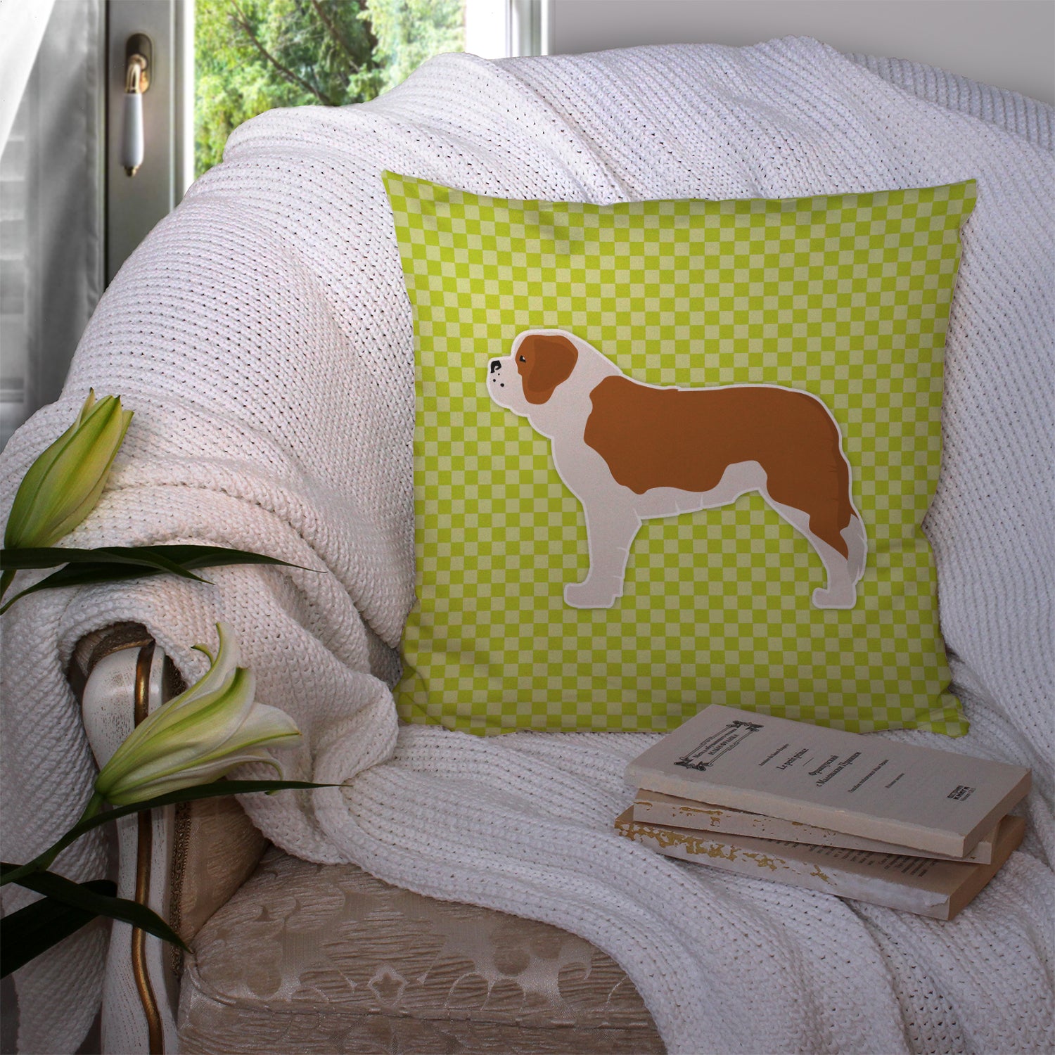 Saint Bernard Checkerboard Green Fabric Decorative Pillow BB3876PW1414 - the-store.com