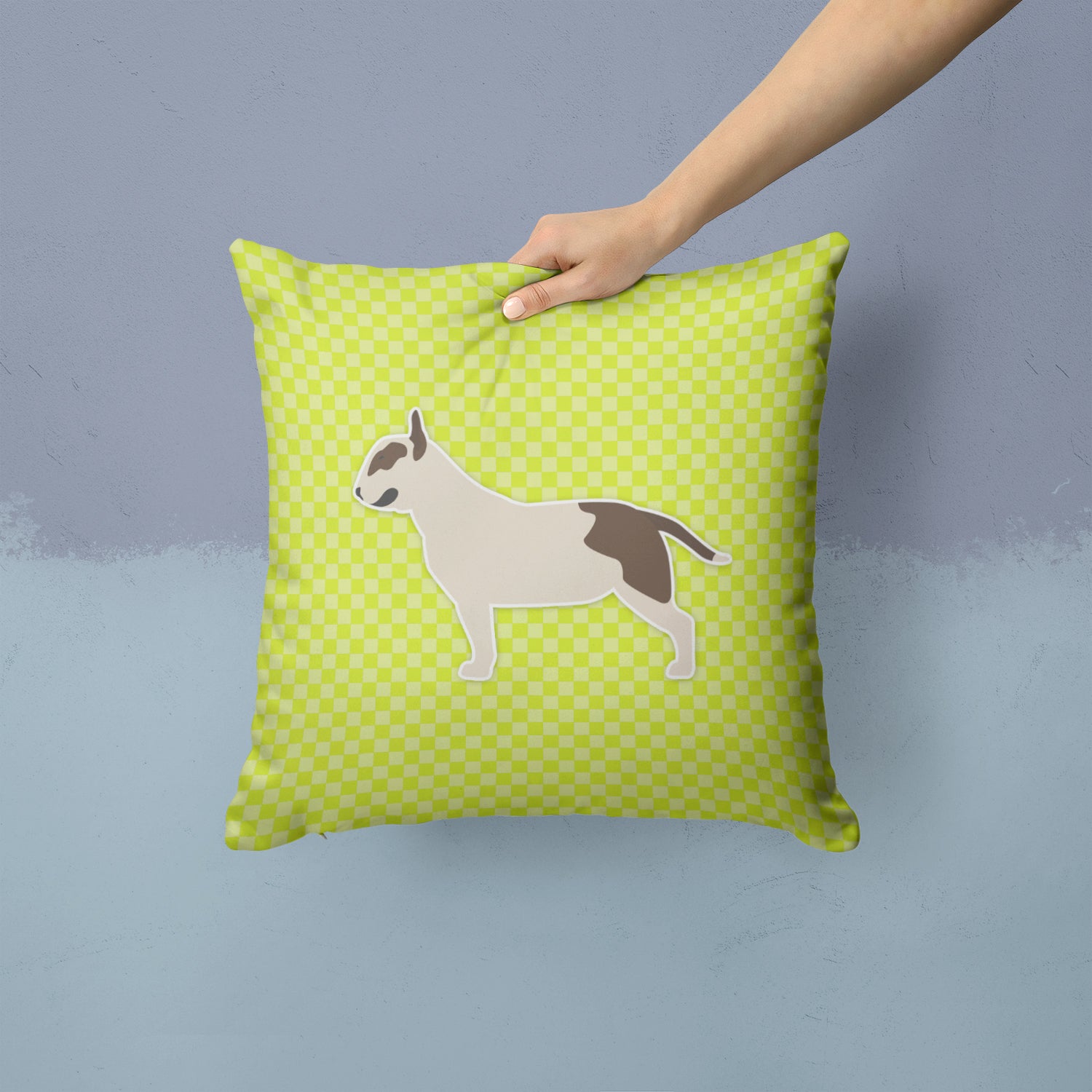 Bull Terrier Checkerboard Green Fabric Decorative Pillow BB3878PW1414 - the-store.com