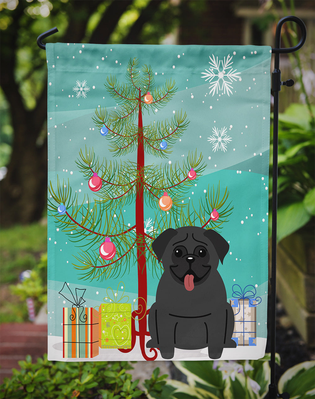 Merry Christmas Tree Pug Black Flag Garden Size BB4131GF  the-store.com.