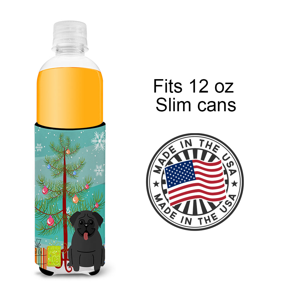 Merry Christmas Tree Pug Black  Ultra Hugger for slim cans BB4131MUK  the-store.com.