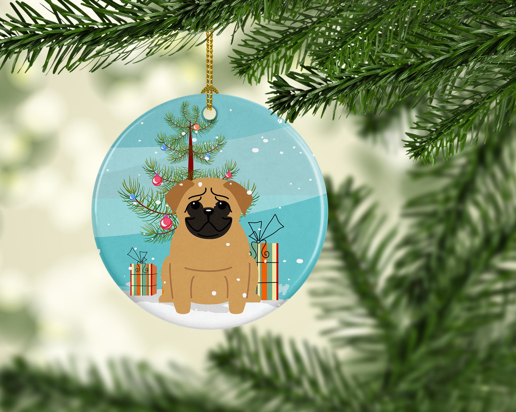Merry Christmas Tree Pug Brown Ceramic Ornament BB4132CO1 - the-store.com