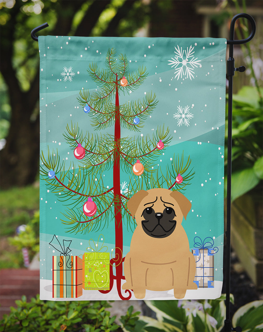 Merry Christmas Tree Pug Brown Flag Garden Size BB4132GF  the-store.com.