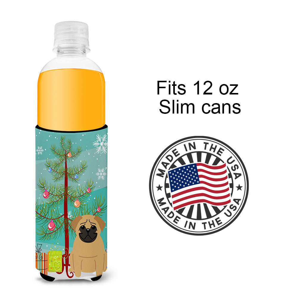 Merry Christmas Tree Pug Brown  Ultra Hugger for slim cans BB4132MUK
