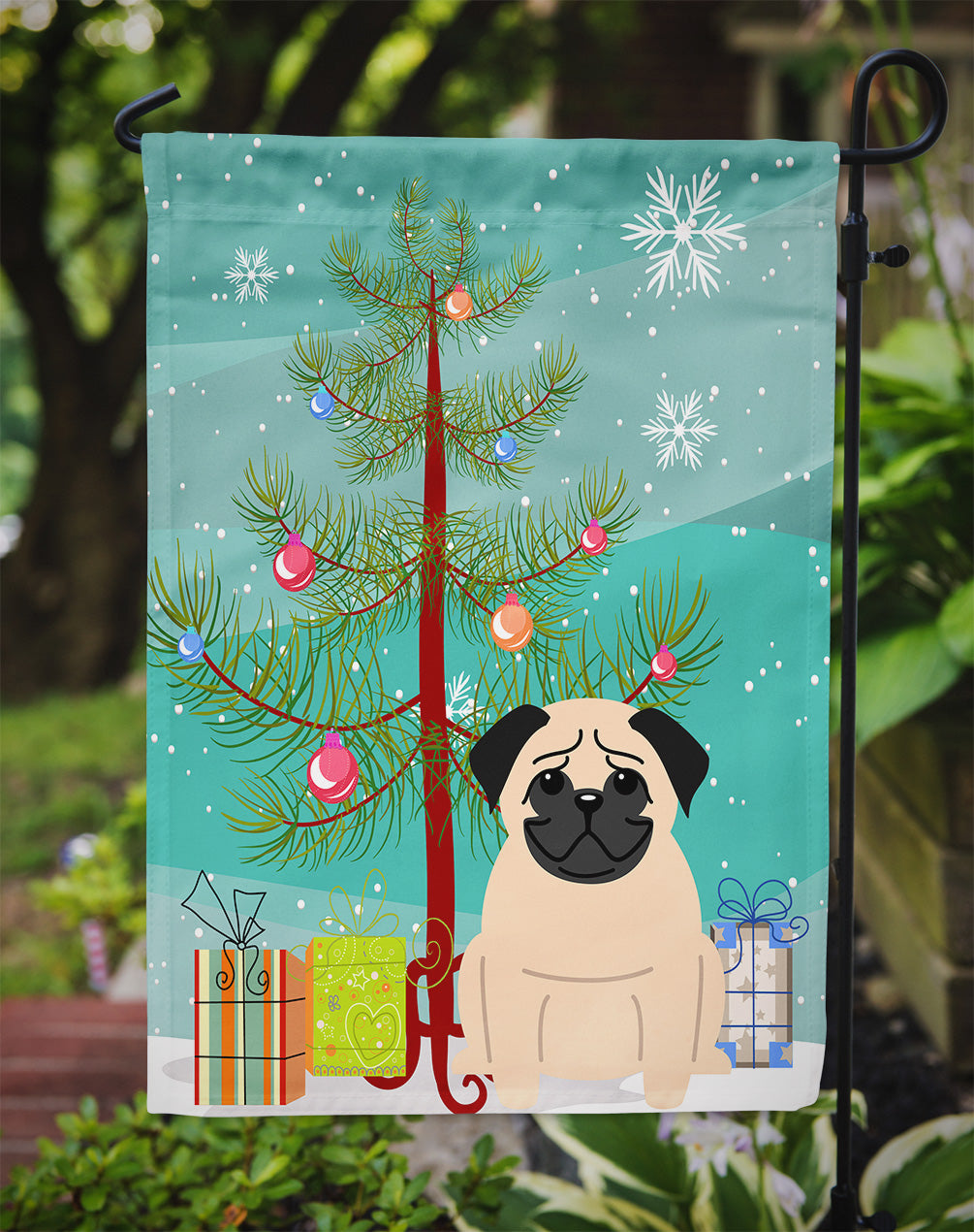 Merry Christmas Tree Pug Fawn Flag Garden Size BB4133GF  the-store.com.
