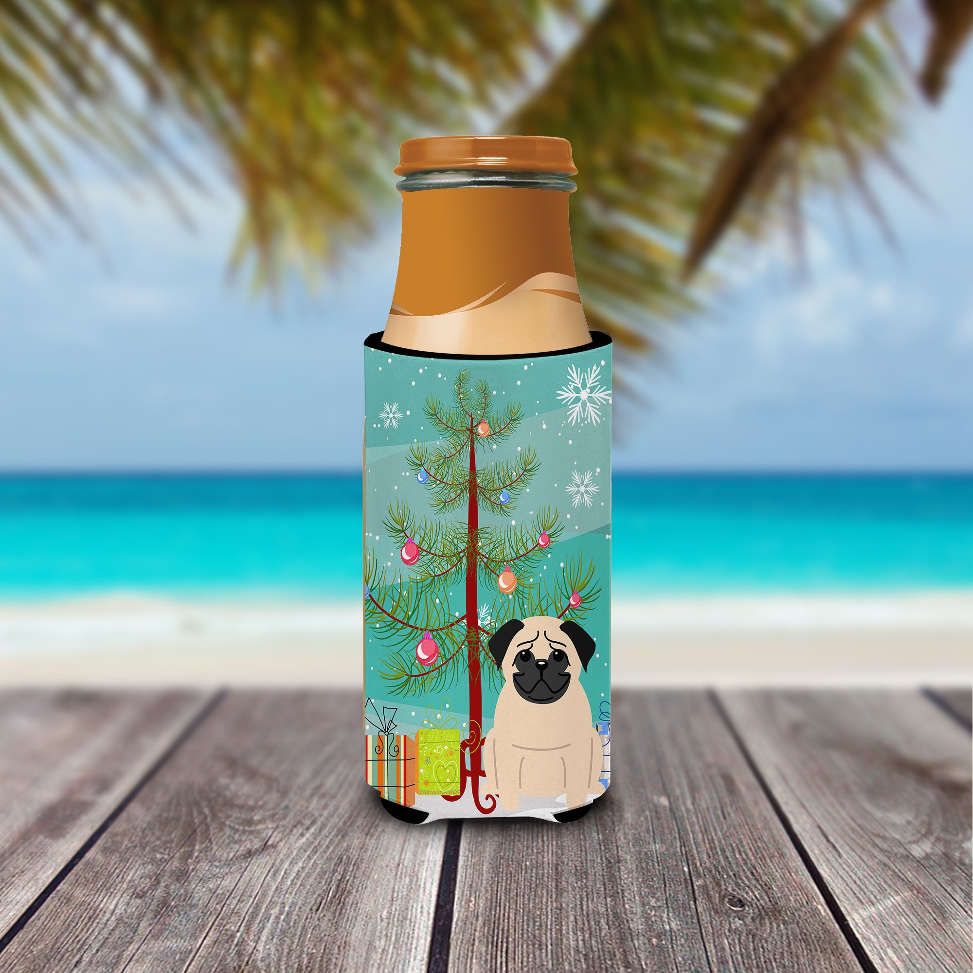 Merry Christmas Tree Pug Fawn  Ultra Hugger for slim cans BB4133MUK  the-store.com.