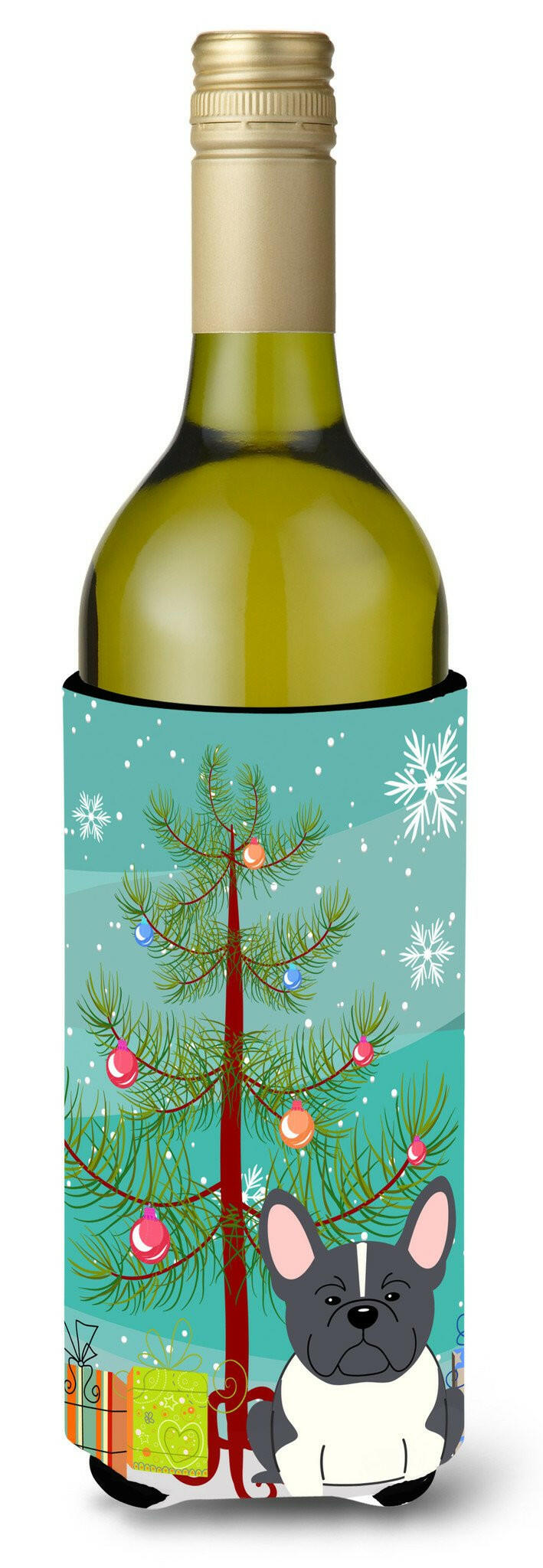 Merry Christmas Tree French Bulldog Black White Wine Bottle Beverge Insulator Hugger BB4137LITERK by Caroline&#39;s Treasures