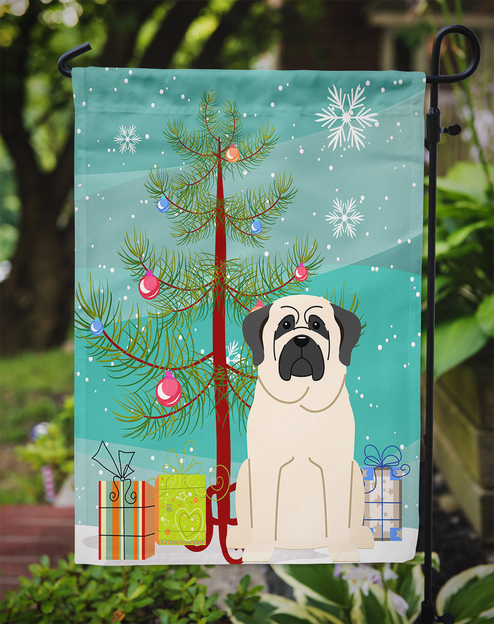 Merry Christmas Tree Mastiff White Flag Garden Size BB4142GF  the-store.com.