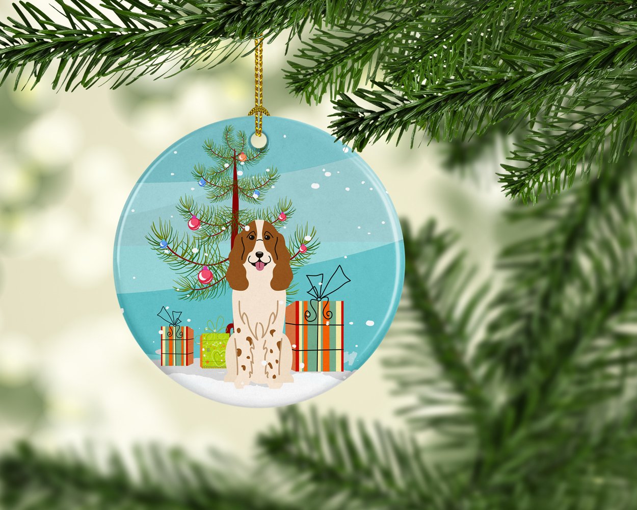 Merry Christmas Tree Russian Spaniel Ceramic Ornament BB4156CO1 by Caroline's Treasures