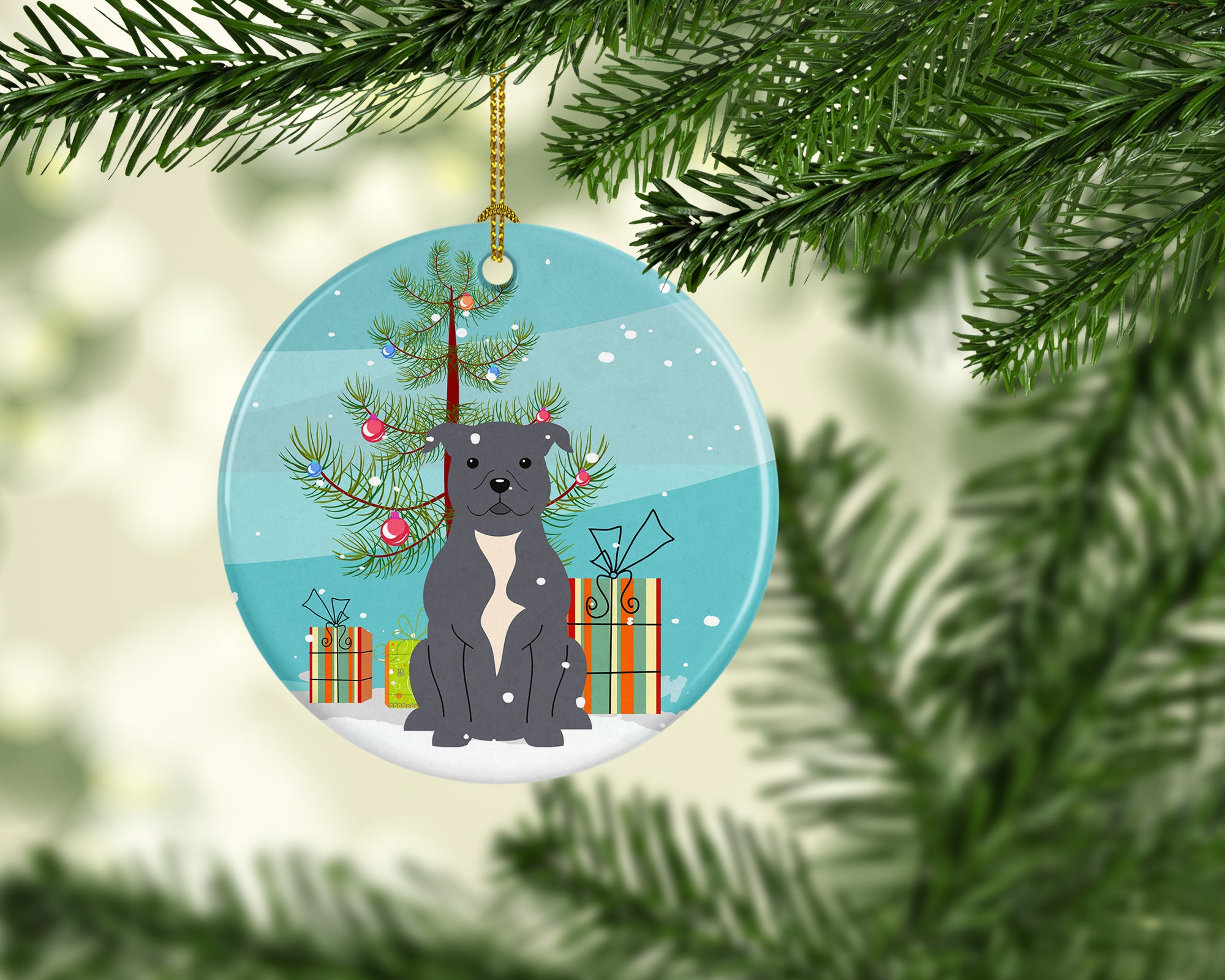 Merry Christmas Tree Staffordshire Bull Terrier Blue Ceramic Ornament BB4171CO1 - the-store.com