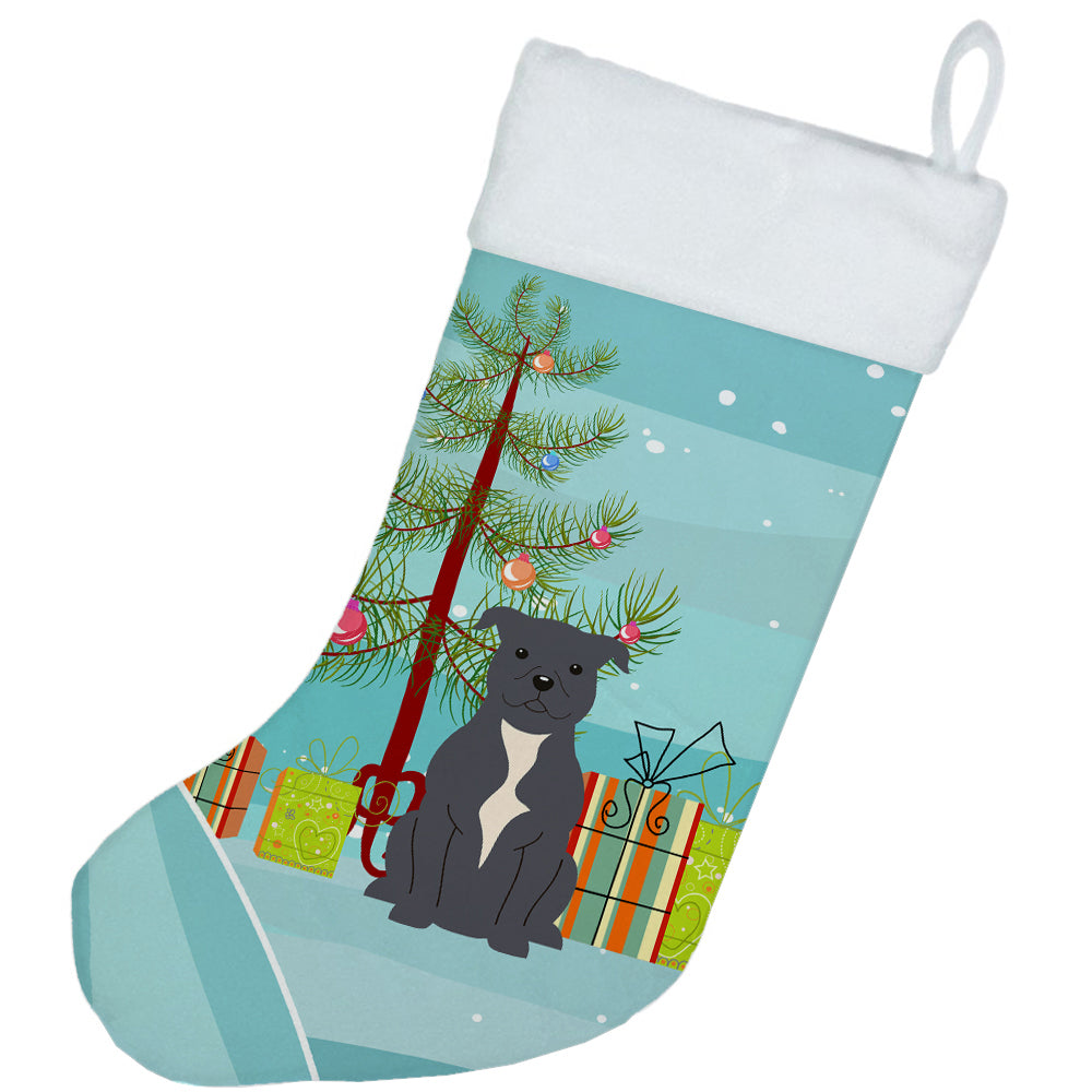 Joyeux Noël Sapin Staffordshire Bull Terrier Chaussette de Noël Bleue BB4171CS