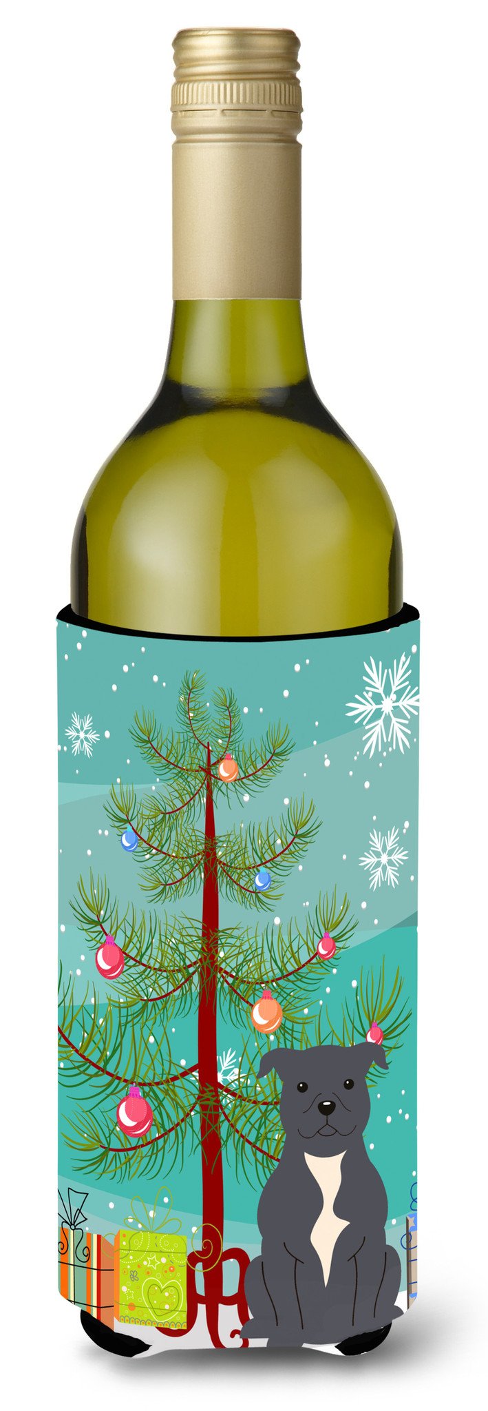 Merry Christmas Tree Staffordshire Bull Terrier Blue Wine Bottle Beverge Insulator Hugger BB4171LITERK by Caroline&#39;s Treasures