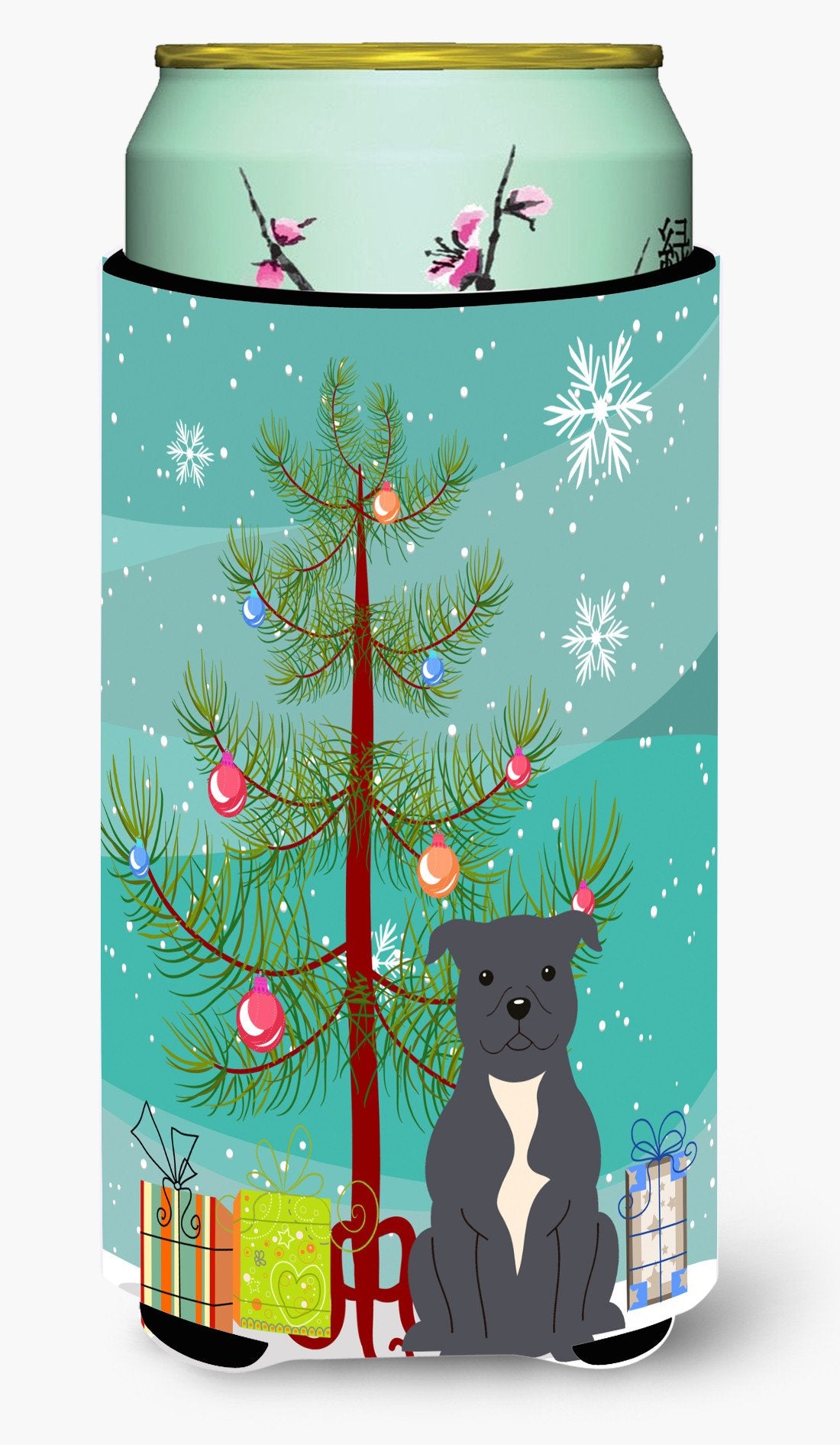 Merry Christmas Tree Staffordshire Bull Terrier Blue Tall Boy Beverage Insulator Hugger BB4171TBC by Caroline&#39;s Treasures