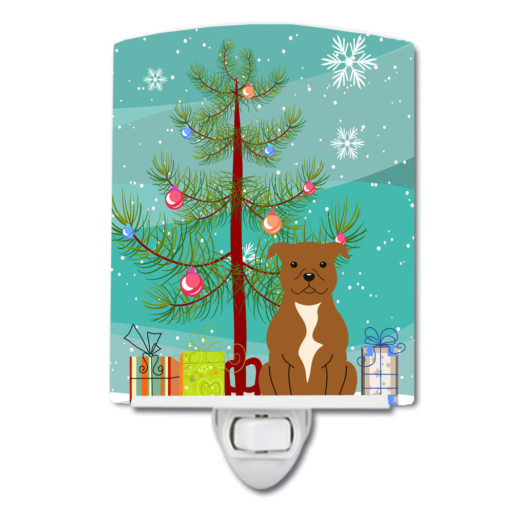 Merry Christmas Tree Staffordshire Bull Terrier Brown Ceramic Night Light BB4172CNL - the-store.com