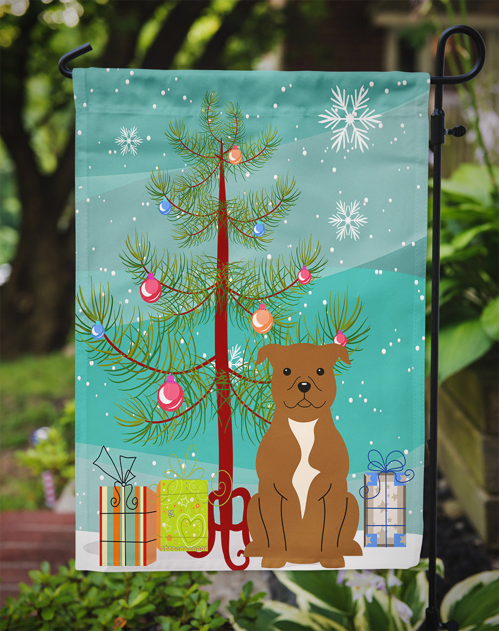 Merry Christmas Tree Staffordshire Bull Terrier Brown Flag Garden Size BB4172GF  the-store.com.
