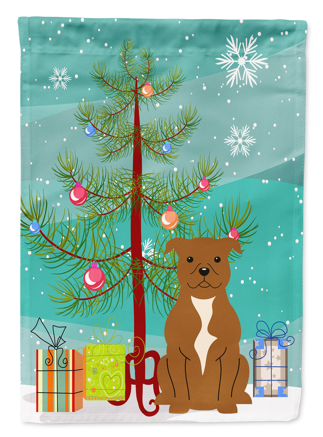 Merry Christmas Tree Staffordshire Bull Terrier Brown Flag Garden Size BB4172GF  the-store.com.
