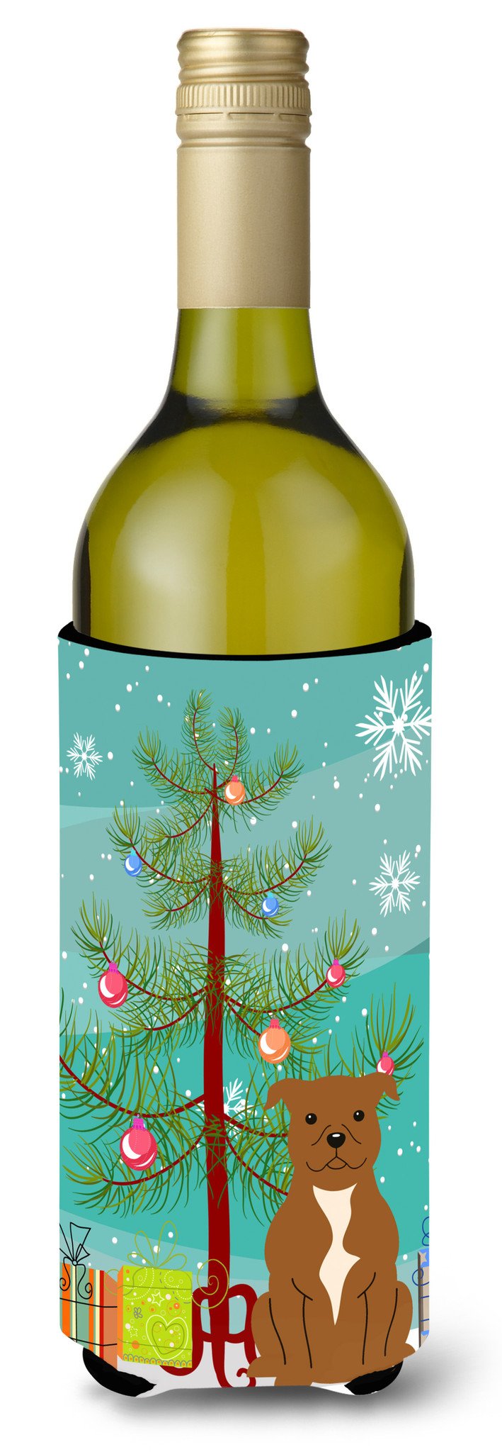 Merry Christmas Tree Staffordshire Bull Terrier Brown Wine Bottle Beverge Insulator Hugger BB4172LITERK by Caroline&#39;s Treasures