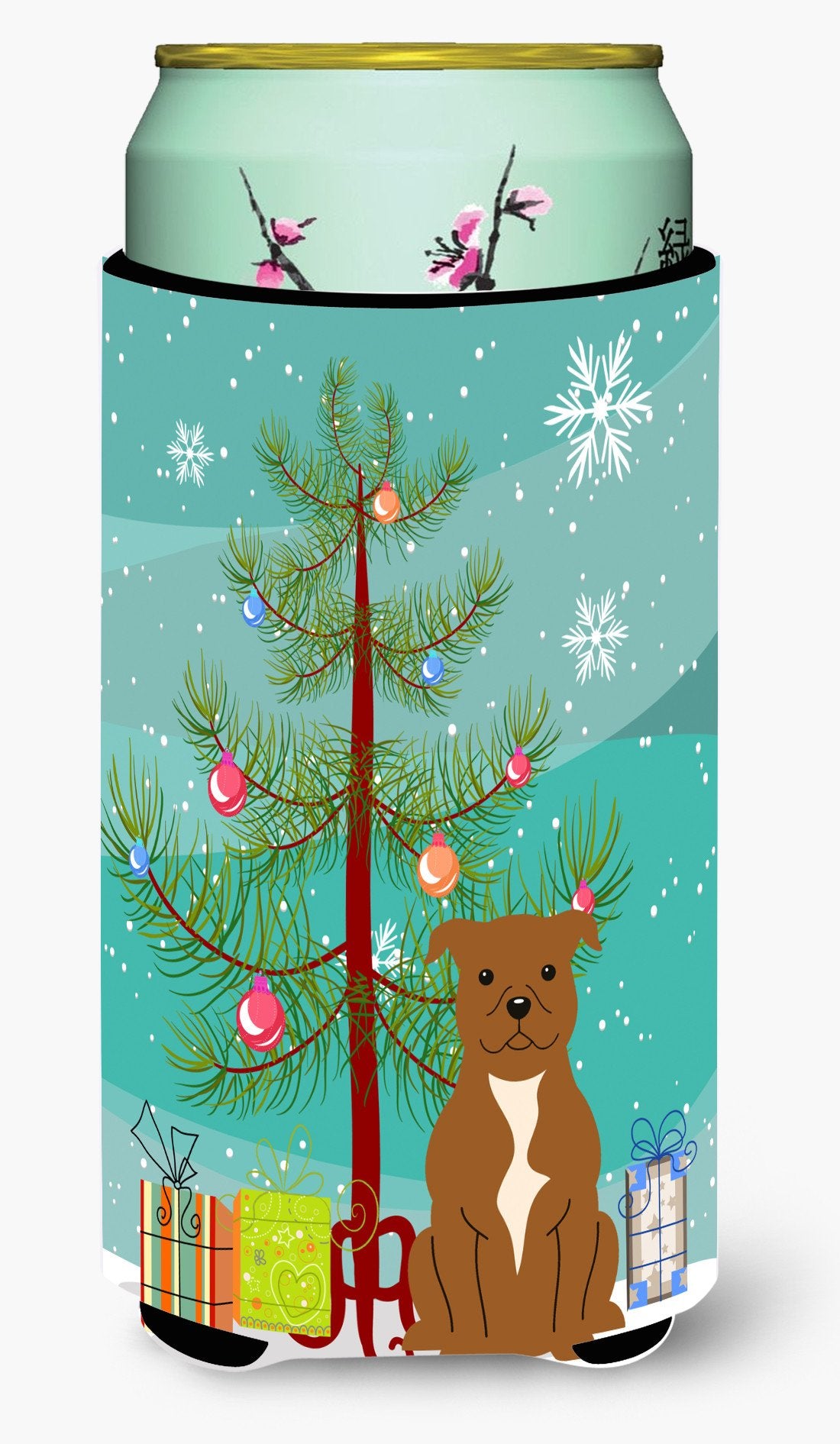 Merry Christmas Tree Staffordshire Bull Terrier Brown Tall Boy Beverage Insulator Hugger BB4172TBC by Caroline&#39;s Treasures