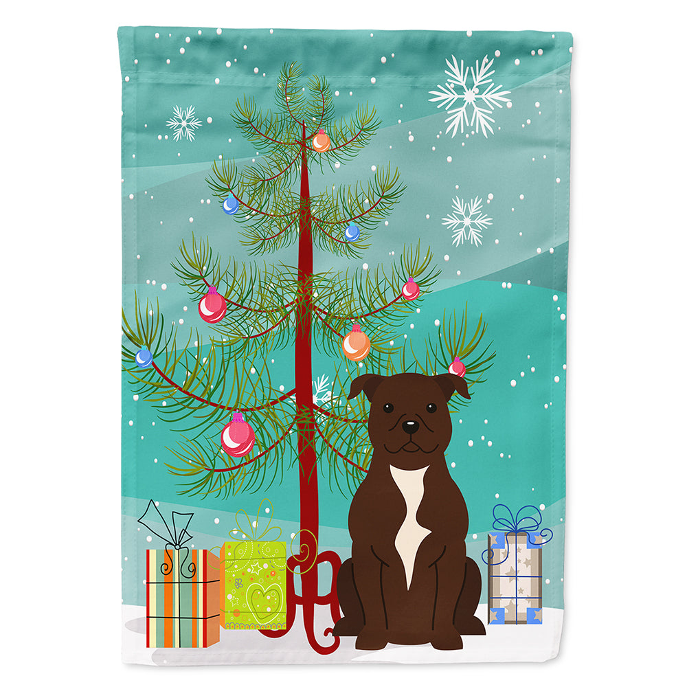 Joyeux Noël Sapin Staffordshire Bull Terrier Chocolat Drapeau Toile Maison Taille BB4173CHF