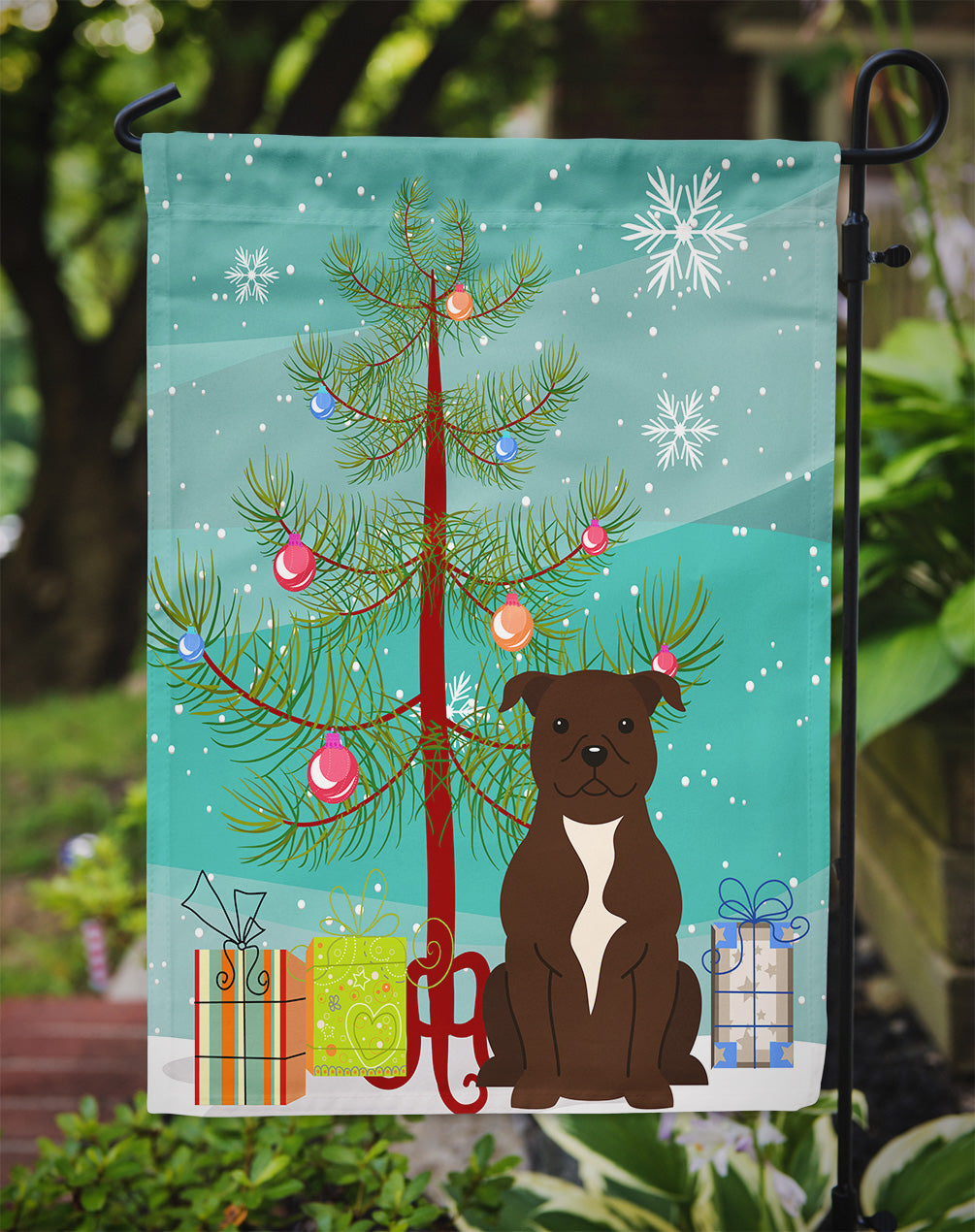 Merry Christmas Tree Staffordshire Bull Terrier Chocolate Flag Garden Size BB4173GF  the-store.com.