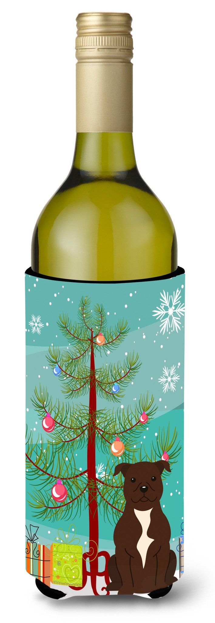 Merry Christmas Tree Staffordshire Bull Terrier Chocolate Wine Bottle Beverge Insulator Hugger BB4173LITERK by Caroline&#39;s Treasures