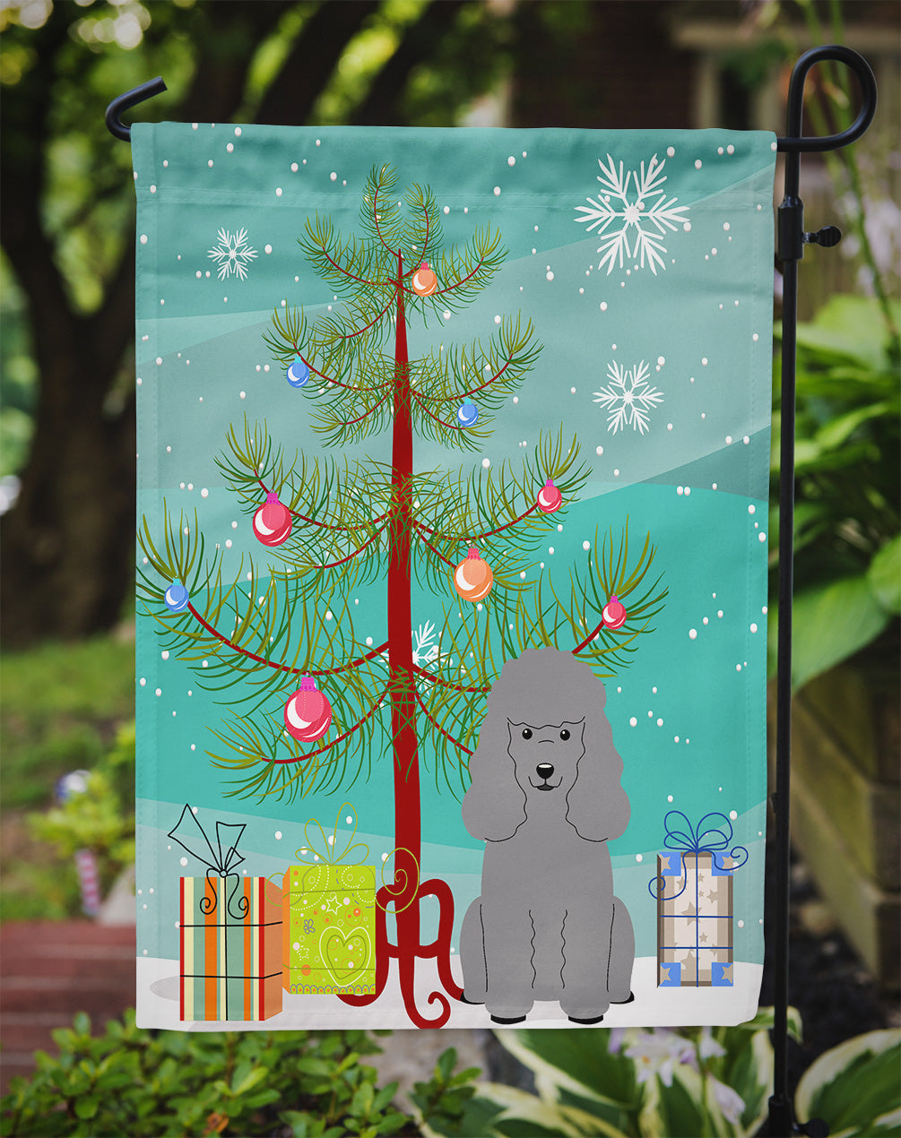 Merry Christmas Tree Poodle Silver Flag Garden Size BB4193GF  the-store.com.