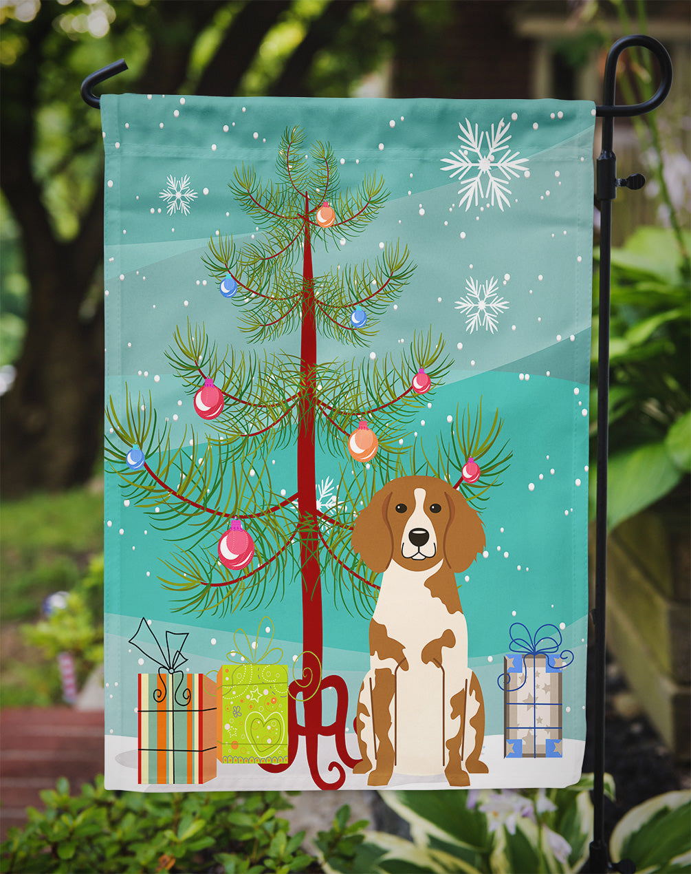 Merry Christmas Tree Brittany Spaniel Flag Garden Size BB4197GF