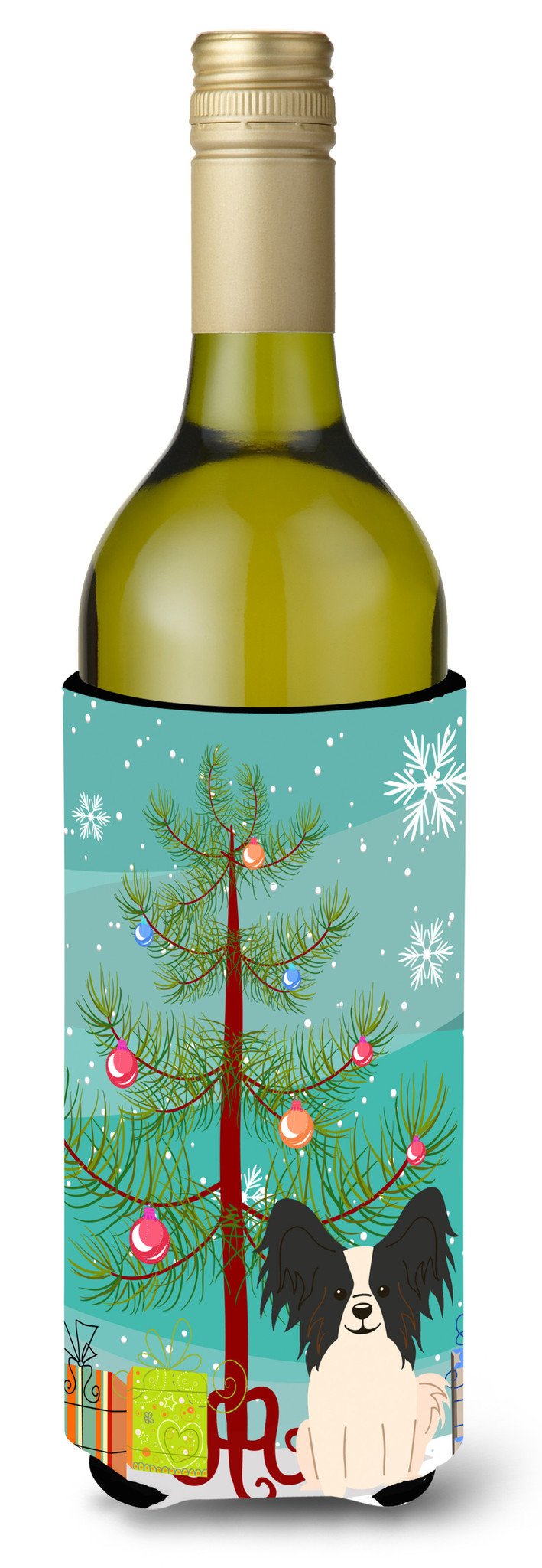 Merry Christmas Tree Papillon Black White Wine Bottle Beverge Insulator Hugger BB4201LITERK by Caroline&#39;s Treasures