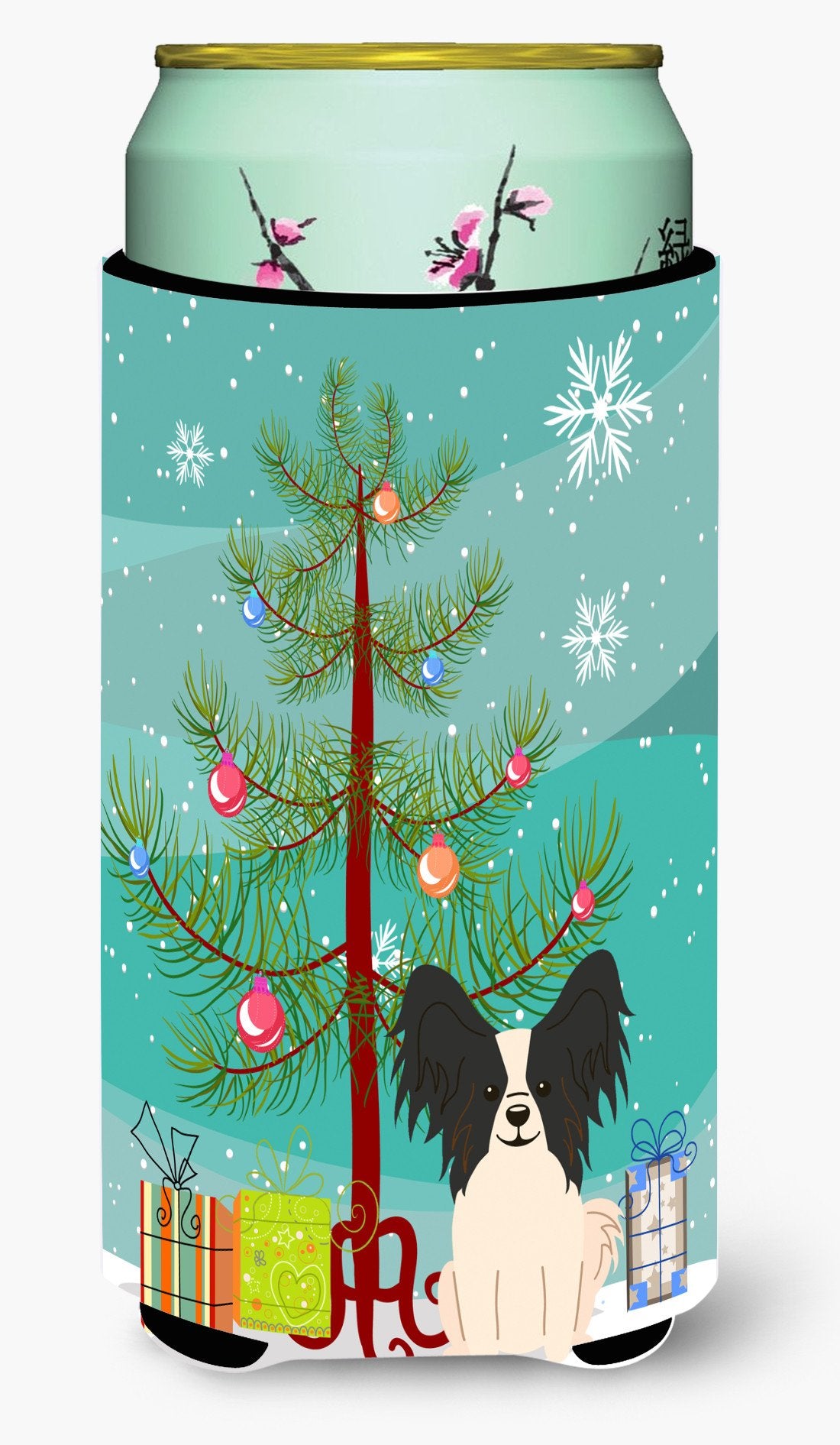 Merry Christmas Tree Papillon Black White Tall Boy Beverage Insulator Hugger BB4201TBC by Caroline&#39;s Treasures