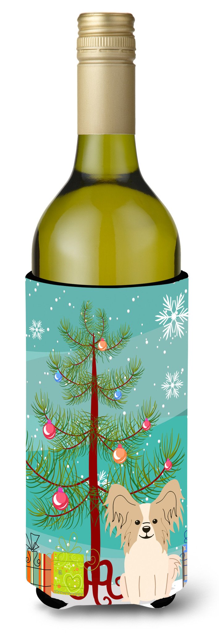 Merry Christmas Tree Papillon Sable White Wine Bottle Beverge Insulator Hugger BB4202LITERK by Caroline&#39;s Treasures